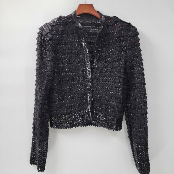 VTG Harry Acton Evening Jacket Womens 8 Black Sequin Lace Satin Ruffles Party - Picture 16 of 16